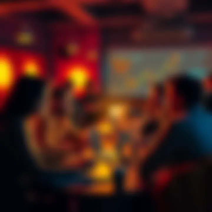 A group of people discussing Bitcoin and cryptocurrency at a community event, with laptops and charts visible.