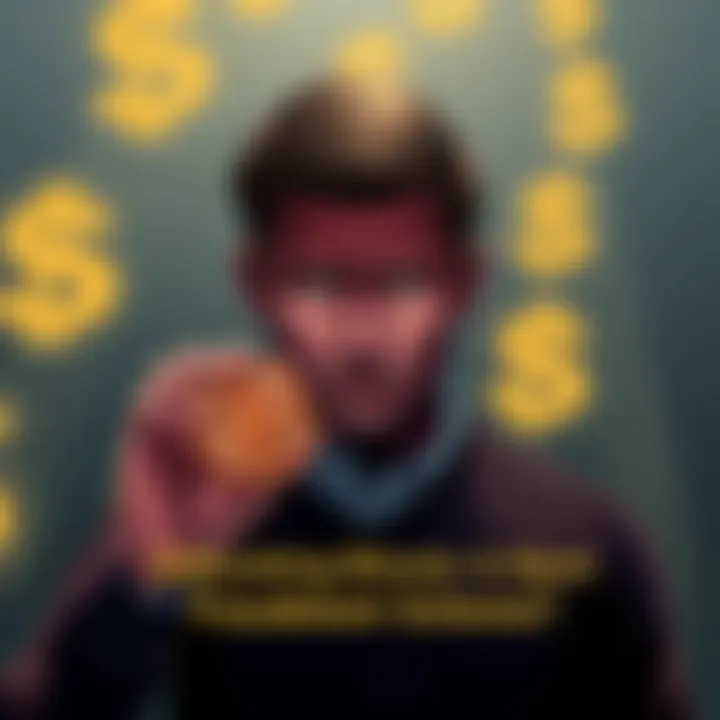A person looking worried while holding a Bitcoin symbol with shadows of dollar signs in the background, suggesting concerns over cryptocurrency legitimacy