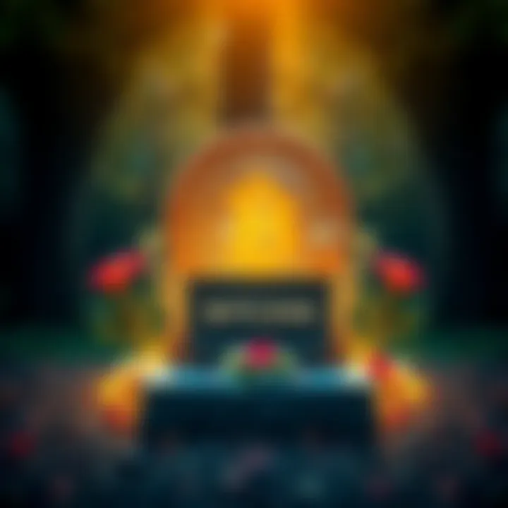 A symbolic funeral for Bitcoin with a gravestone labeled 'Bitcoin' and flowers around it