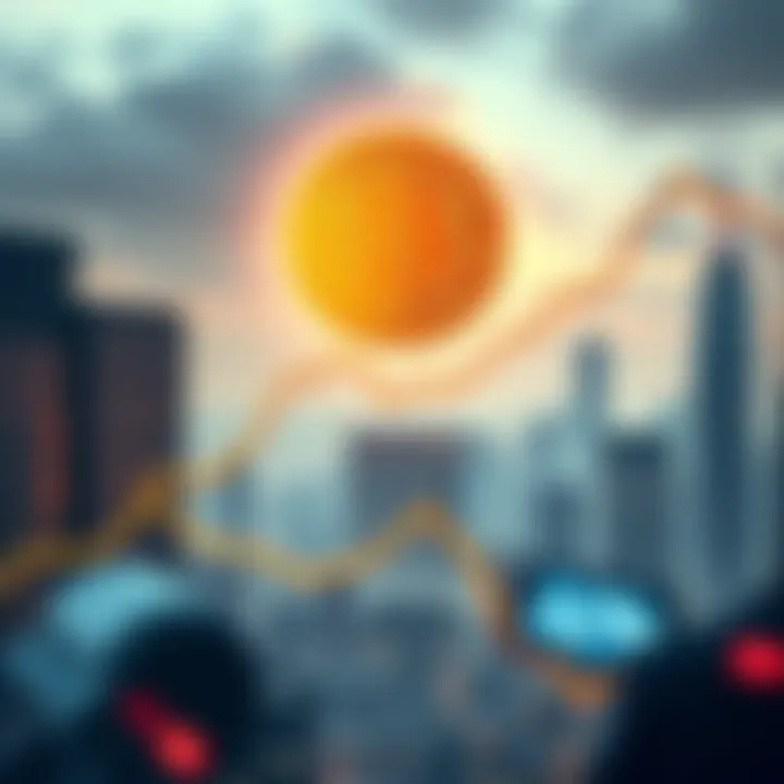 A graphic showing the rise and fall of Bitcoin prices with a futuristic city skyline in the background, representing potential market trends by 2040.