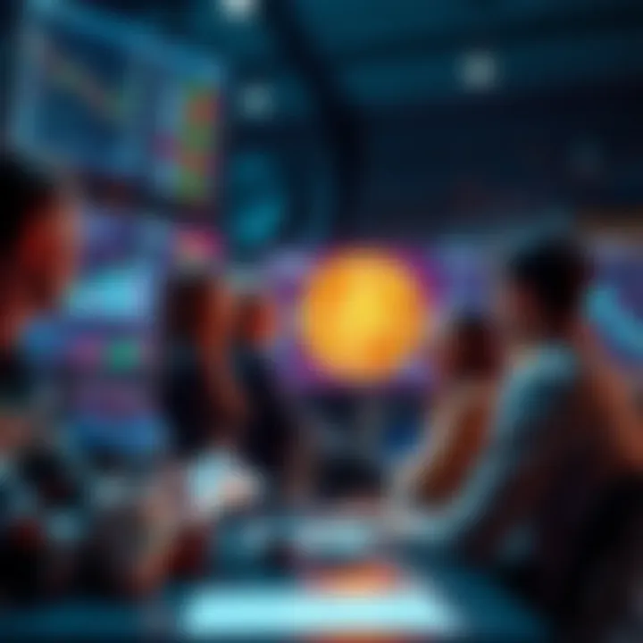 A group of Bitcoin enthusiasts discussing future finance trends with charts and digital screens in the background.