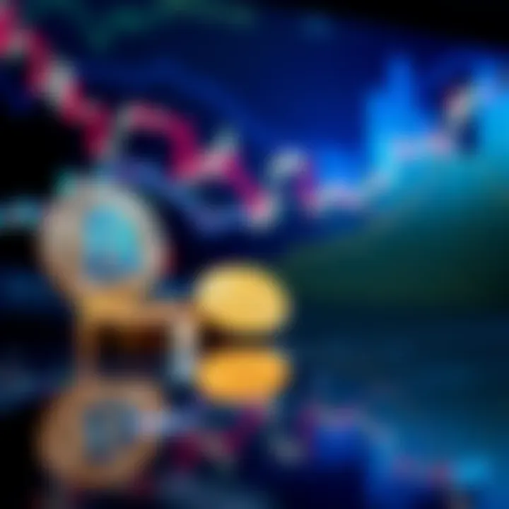 A visual representation of Bitcoin symbols alongside rising financial graphs, indicating growth and future potential.