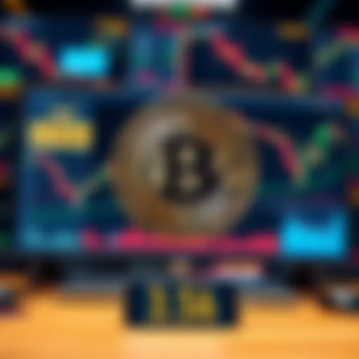 The Bitcoin Genesis address shows a transfer of 2.565 BTC on a screen, surrounded by charts and graphs indicating market activity.