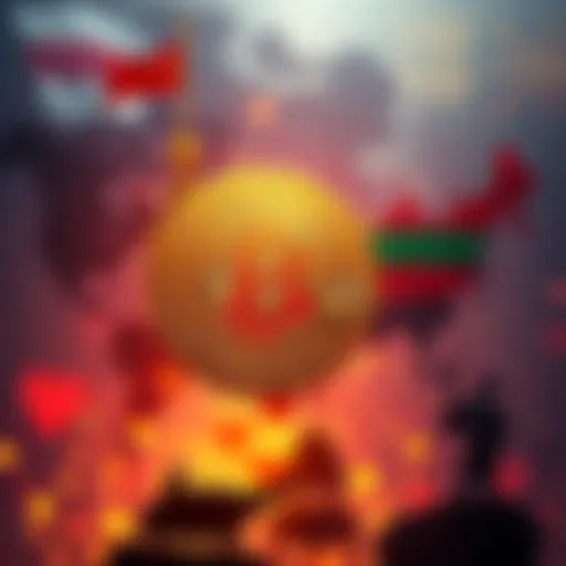 A graphic showing Bitcoin symbol with a backdrop of a world map and symbols of political tension, illustrating the impact of global events on Bitcoin prices.