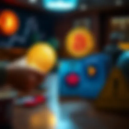 A person exchanging Bitcoin for gift cards, showing both items on a table, with cautionary symbols nearby.