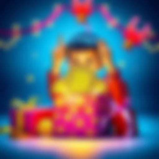 A colorful gift box with Bitcoin symbols and a child excitedly opening it