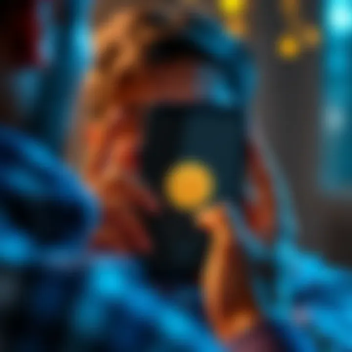 A person sending Bitcoin to a friend, showing a smartphone screen with a Bitcoin logo and a happy expression