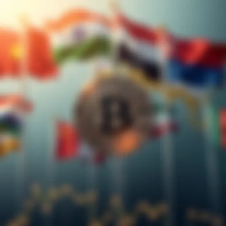 Bitcoin in Global Economy A graphic showing Bitcoin symbol with flags of BRICS countries in the background, symbolizing its role in a changing financial landscape.