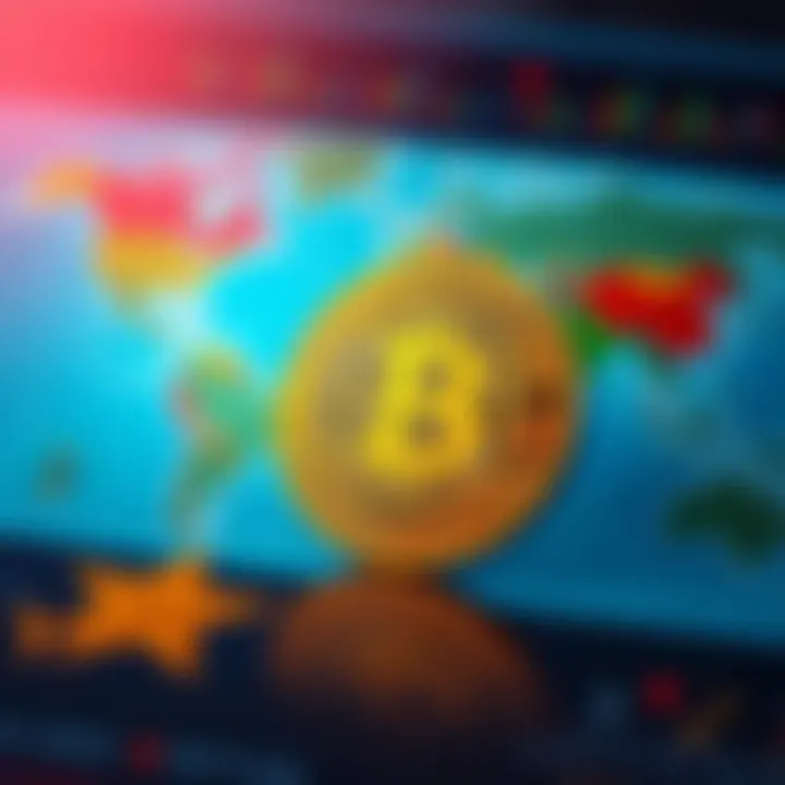 A visual of Bitcoin symbol in front of a world map, representing cryptocurrency's role during geopolitical tensions.