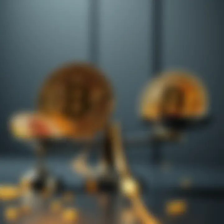 A visual comparison of Bitcoin and gold coins on a balance scale, showing the debate between the two investments.