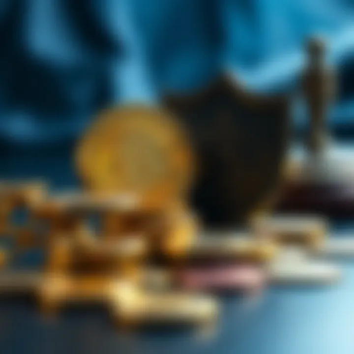 A stack of Bitcoin coins surrounded by symbols of government regulation, like a gavel and a shield, representing the future of Bitcoin amidst potential laws