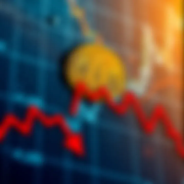 A graph showing the recent decline in Bitcoin's value with red arrows pointing down