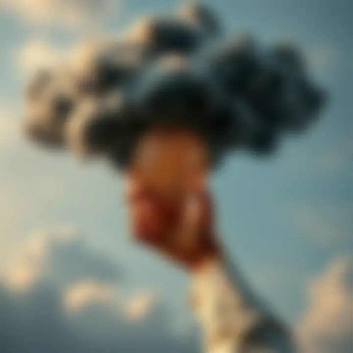 A person holding a Bitcoin with a dark cloud representing greed above them