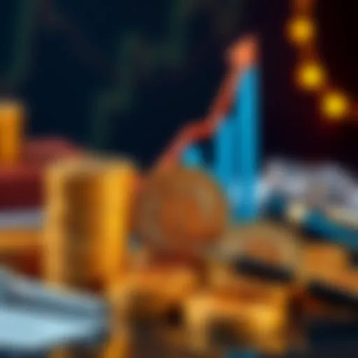 A visual representation of Bitcoin coins stacked next to a chart showing upward growth and bureaucratic elements like a pen and documents.