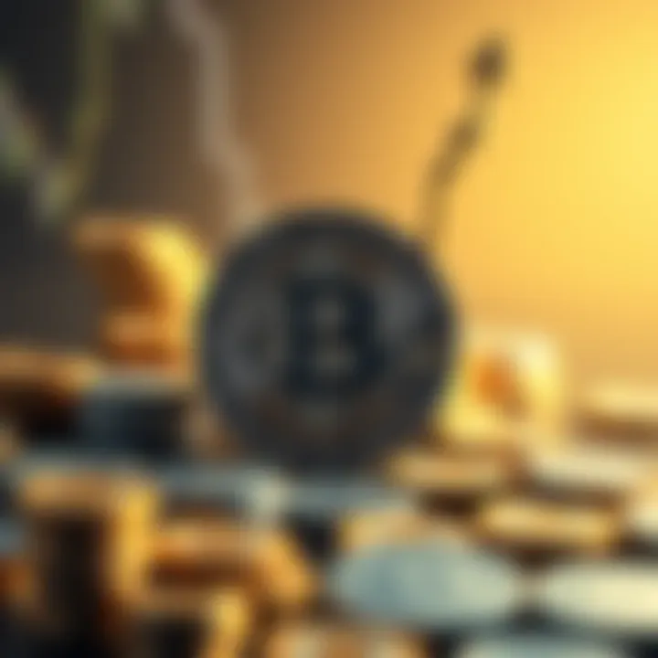 A rising Bitcoin symbol against a backdrop of gold and silver coins, symbolizing market shifts.