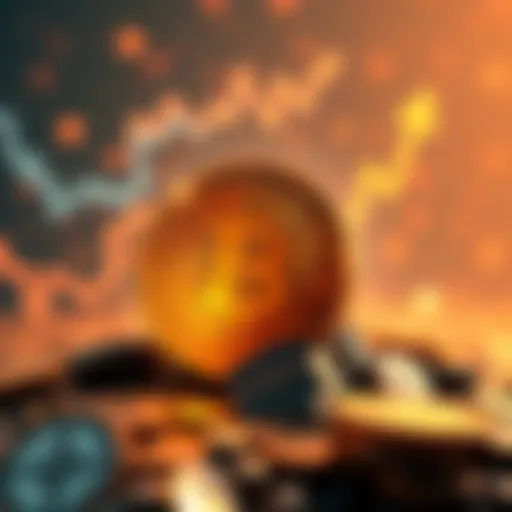 A Bitcoin symbol showing upward movement, signaling growth and resilience in a recovering market, surrounded by positive economic symbols.