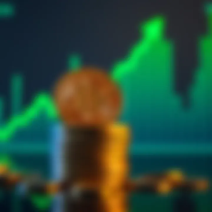 A stack of Bitcoin coins with a green upward trend graph in the background, symbolizing potential growth and investment opportunities.