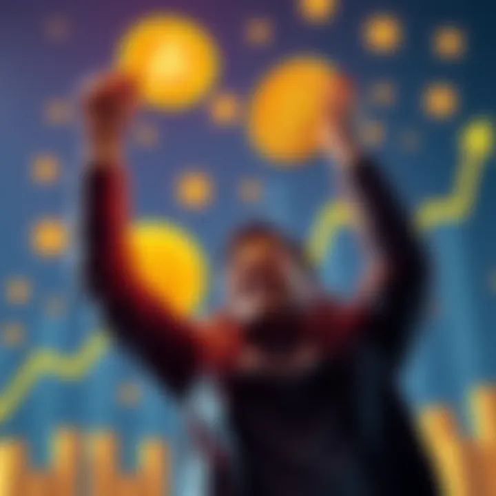 A person excitedly celebrating their Bitcoin investment success, showing a graph of financial growth with Bitcoin symbols in the background.