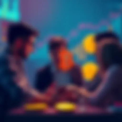 A group of people discussing cryptocurrency with optimism, featuring Bitcoin symbols and charts showing growth potential.