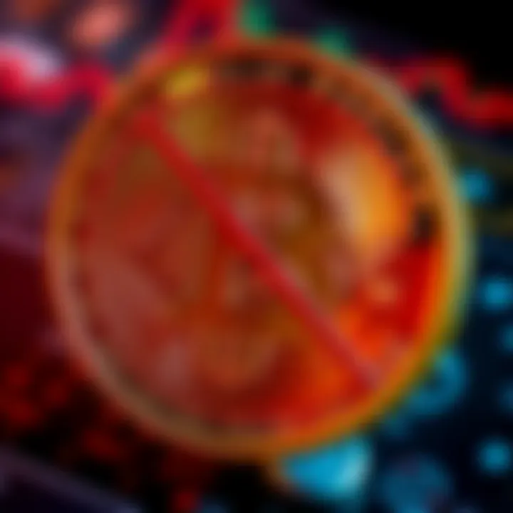 Bitcoin symbol with a warning sign, representing restricted discussions on forums about cryptocurrency amid its growth in 2026.