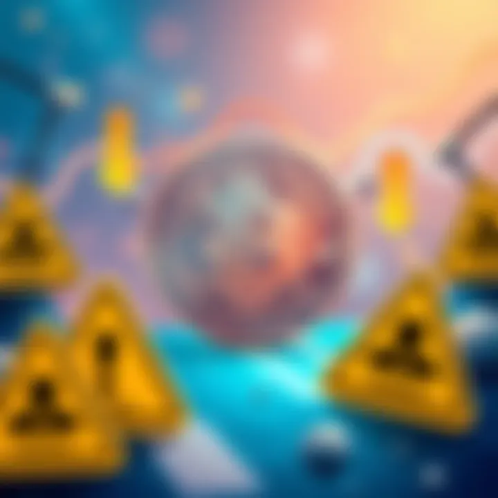 An illustration depicting a Bitcoin symbol with downward arrows representing decreasing mining rewards, surrounded by caution signs indicating network security risks.