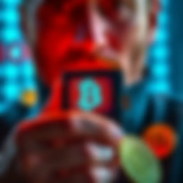 A close-up of a person holding a hardware wallet with a Bitcoin logo on a digital display, surrounded by Bitcoin coins.