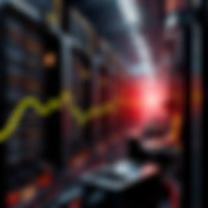 Graph showing declining Bitcoin hashrate with miners working on equipment