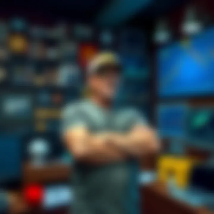 A veteran Bitcoin holder stands strong with crossed arms, looking determined in a room filled with Bitcoin memorabilia and charts showing market trends