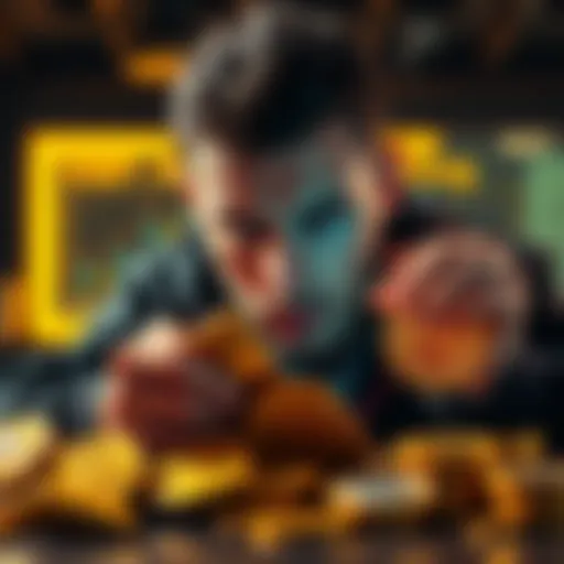 A frustrated Bitcoin holder looking at gold and silver coins, contemplating a switch from cryptocurrency