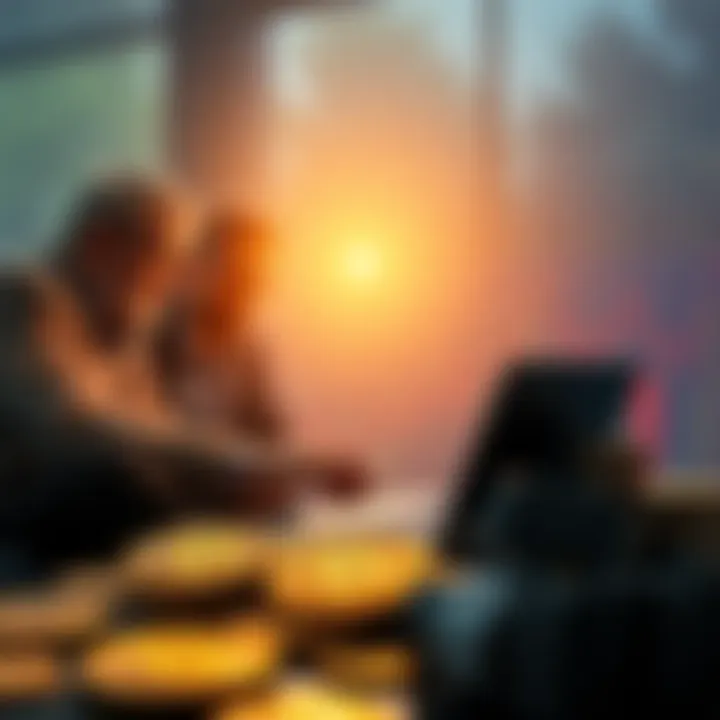 A group of Bitcoin holders discussing investments, looking at charts on a laptop, with Bitcoin coins in the foreground