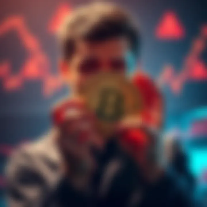 A person looking worried while holding a Bitcoin symbol, surrounded by graphs showing downtrends and warning signs.