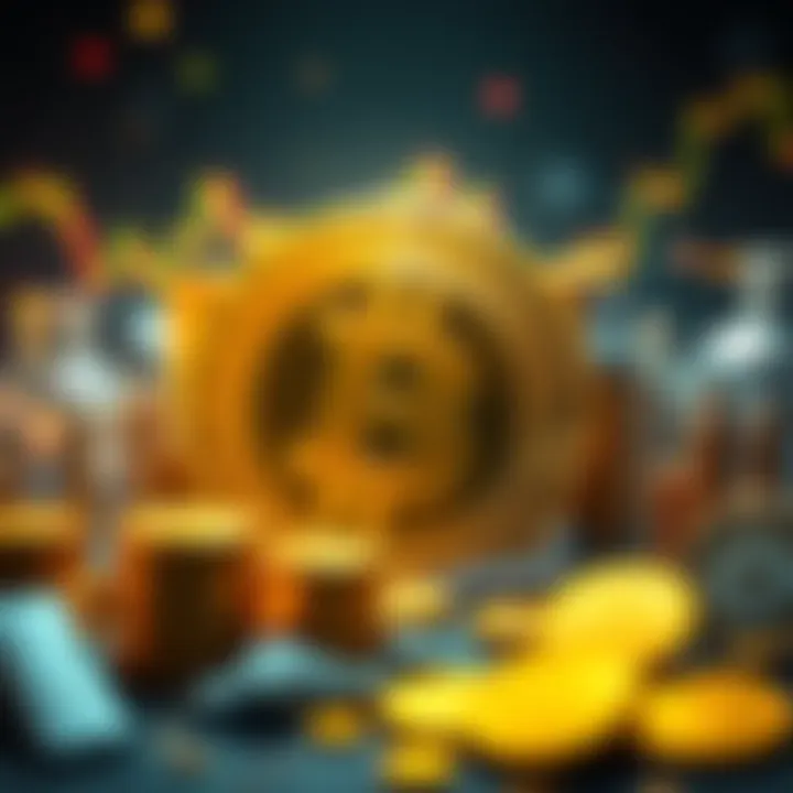 Graphic showing Bitcoin symbol at the center attracting various assets like stocks and gold coins, representing its market dominance.