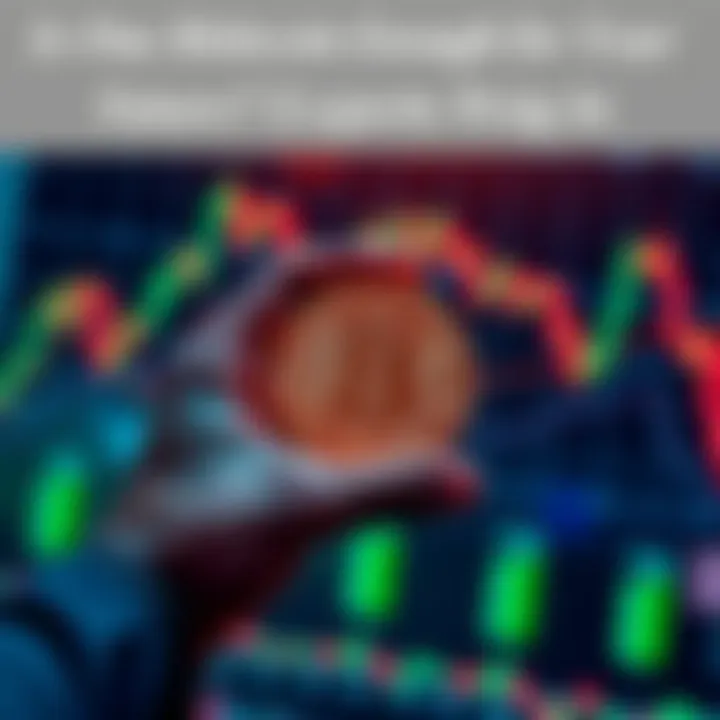 Person holding one Bitcoin coin with financial charts in the background