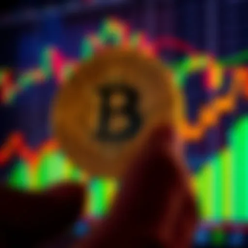 A person looking at a Bitcoin symbol with graphs showing price trends in the background, pondering investment decisions.