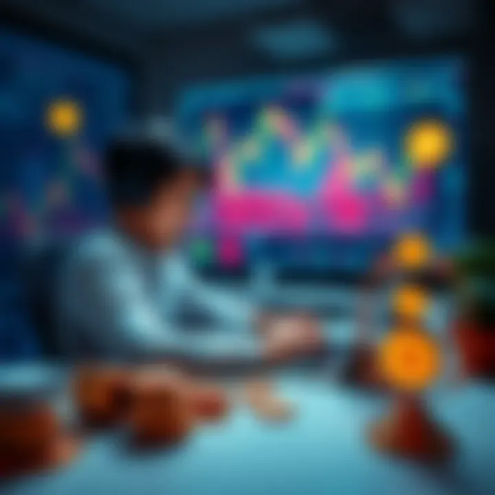 A person sitting at a desk with a laptop, analyzing Bitcoin prices and market trends while surrounded by financial charts and cryptocurrency symbols.