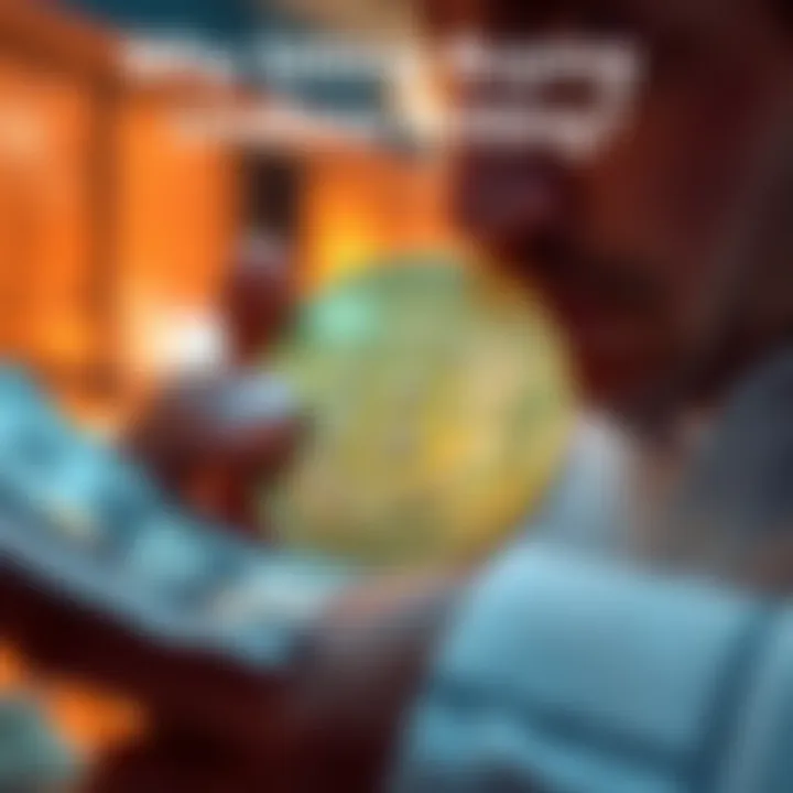 A person examining a Bitcoin with cash displayed around it, symbolizing investing in cryptocurrency amidst money printing.