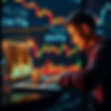 A person analyzing a Bitcoin chart on a laptop with financial graphs in the background