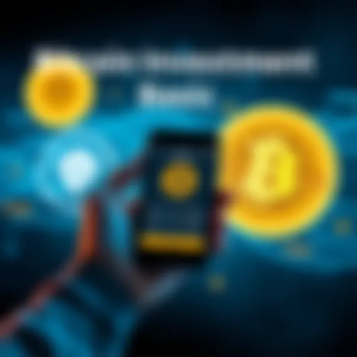 Bitcoin Investment Basics A person holding a smartphone displaying Bitcoin information, with symbols of online platforms like Strike and Trezor in the background, emphasizing investment and storage options.