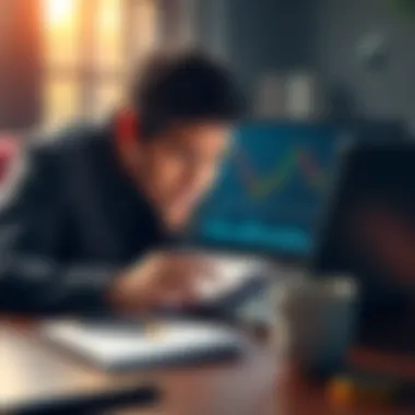 A worried person analyzing Bitcoin charts on a laptop with notes and a coffee cup nearby, showing the emotional toll of investing.
