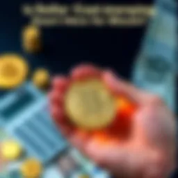 A hand holding Bitcoin coins with a calculator and euro notes in the background, symbolizing dollar cost averaging investment.