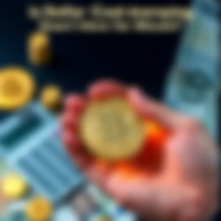 A hand holding Bitcoin coins with a calculator and euro notes in the background, symbolizing dollar cost averaging investment.