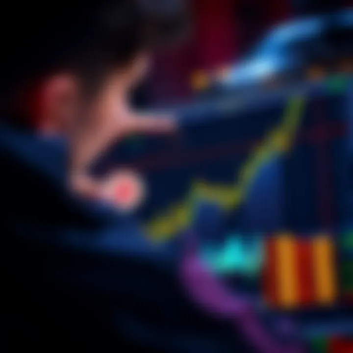 A person considering an investment in Bitcoin, looking at a chart showing rising cryptocurrency values and coins.