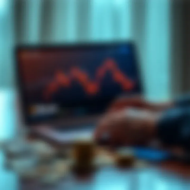 A person looking at a Bitcoin chart on a laptop, with coins and dollar bills on the table, symbolizing financial growth through Bitcoin investment.