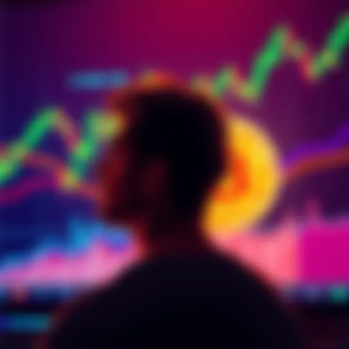 A person contemplating investment in Bitcoin with a graphic representation of Bitcoin and fluctuating charts in the background.