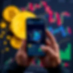 A person holding a smartphone displaying a Bitcoin wallet app, with cryptocurrency coins and charts in the background, representing investment in Bitcoin.