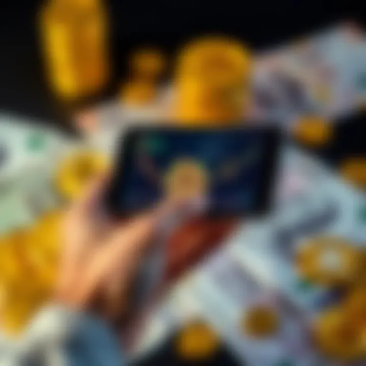 A person holding a smartphone displaying Bitcoin charts and graphs, contemplating an investment decision, with currency notes in the background.