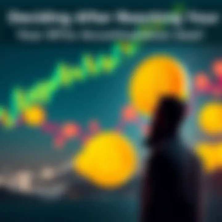 A person contemplating their next move after reaching their Bitcoin accumulation goal, with a graph and Bitcoin symbols in the background