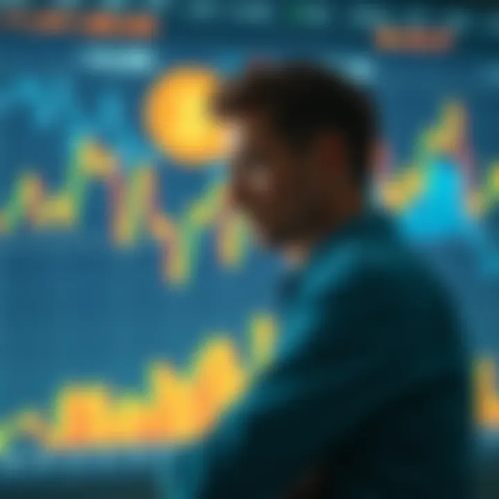 Person considering buying Bitcoin with charts and graphs indicating market trends in the background