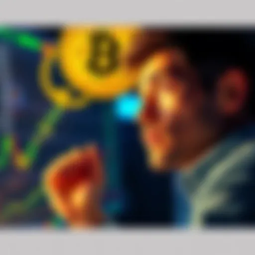 A person looking at a Bitcoin chart with a thoughtful expression, considering buying again during a price dip.