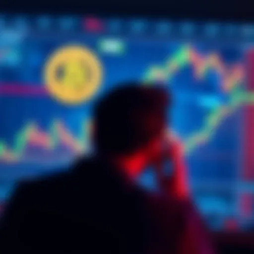 A person contemplating whether to invest in Bitcoin, looking at a digital chart displaying Bitcoin prices